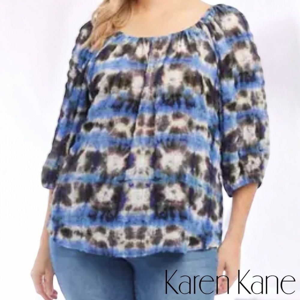 ☀️☀️☀️ Karen Kane Plus Size Tie Dye Pattern Peasant Top Blue and Black